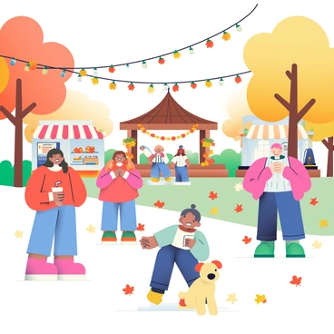 An autumn festival with colorful leaves and festive decorations, illustrated by Steve Ash