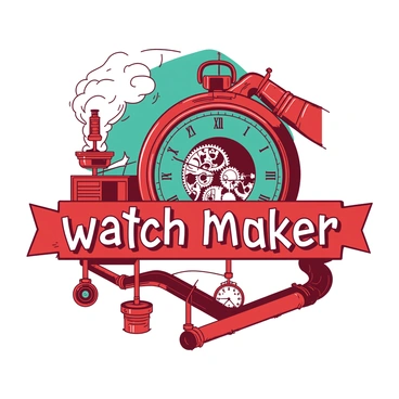 A combination of red and teal colors forms the branding for a unique watchmaker. The logo features a stylized clock face with intricate gears and cogs visible within it. Elegant, vintage typography displays the watchmaker's name prominently above the clock face. Surrounding the logo are decorative elements resembling brass pipes and steam vents, adding to the steampunk theme. In the background, there is an artistic representation of a mechanical arm holding a watch, showcasing the craftsmanship involved.