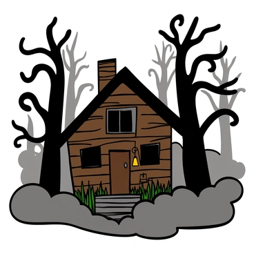 A spooky, abandoned cabin made of dark wood, with broken windows and a crooked roof, sits in the heart of a dense forest. The cabin is surrounded by tall, shadowy trees with twisted branches, casting eerie shapes on the ground. Thick fog swirls around the base of the cabin, enhancing the sense of mystery. The door is slightly ajar, creaking in the wind, and the front porch is overgrown with weeds. An old, rusted lantern hangs from the porch, dimly illuminating the area. The atmosphere is filled with a sense of foreboding, as if the cabin is holding secrets from the past.