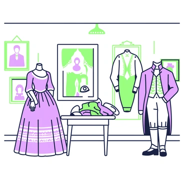 A small museum room features a display of historical costumes from the 18th century. On the left side, a mannequin is dressed in an elaborate gown with lace details and a wide skirt. Next to it, another mannequin showcases a tailored suit with a waistcoat and embroidered jacket. Several framed portraits of people in similar clothing adorn the walls, providing a historical context to the costumes. A small wooden table at the center holds accessories such as ornate hats, gloves, and shoes from the same era. Soft lighting highlights the intricate designs of the fabrics and the craftsmanship of the garments.