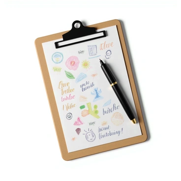 A clipboard made of wood, displaying a mixture of colorful sketches and handwritten notes. The sketches include vibrant drawings of flowers, abstract shapes, and whimsical characters, all filled with various hues. The notes feature handwritten text in black ink with colorful highlights and underlines, adding to the visual interest. A sleek black pen with a shiny finish rests diagonally on top of the clipboard, partially covering the sketches. The overall scene is bright and organized, conveying a sense of creativity and productivity.