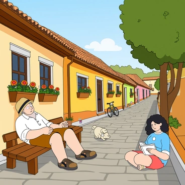 A quaint village with cobblestone streets bathed in warm sunlight during siesta time. Small, colorful houses with tiled roofs line the sides of the street, their windows adorned with flower boxes filled with vibrant blooms. In the foreground, a few villagers are relaxing on wooden benches; an elderly man with gray hair wearing a white shirt and brown shorts is dozing off with a straw hat tilted over his eyes. Nearby, a young woman with curly hair is sitting cross-legged on the ground, reading a book. A small dog is curled up at her feet, peacefully sleeping. In the background, a children’s bicycle leans against a wall, and the leaves of nearby trees gently sway in a mild breeze.