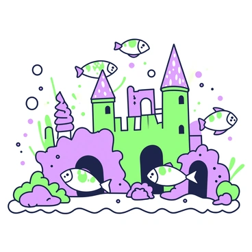 An underwater city is depicted, showcasing intricate architectural structures made of coral. Various fish with vibrant patterns swim around the city, some gliding effortlessly past the coral buildings. The coral structures are shaped like towers and arches, creating a whimsical skyline beneath the water's surface. Schools of smaller fish dart between the coral formations, while larger fish lounge near the entrances of coral caves. Bubbles rise from the sandy ocean floor, adding a dynamic element to the tranquil scene.