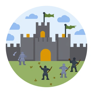 A medieval castle surrounded by a fortified wall, with large battering rams positioned in front. Several archers in armor are stationed on the castle's ramparts, aiming their bows towards the attackers. The sky is filled with dark clouds, and the ground is marked with signs of battle. Smoke rises from the direction of the enemy camp.