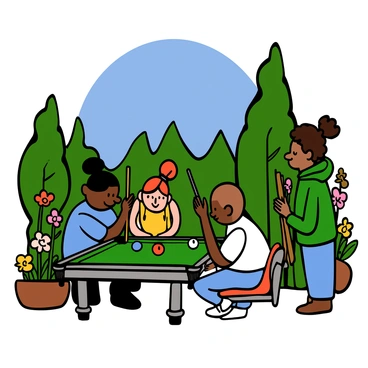 A group of four friends playing billiards around a green outdoor table. The first friend has medium skin and short black hair, wearing a blue t-shirt, and focusing intently on his shot. The second friend has light skin and long red hair tied in a bun, wearing a yellow tank top, laughing as she leans on the table. The third friend has dark skin and a shaved head, wearing a white shirt, waiting patiently with a cue stick in hand. The fourth friend has medium skin and curly brown hair, dressed in a green hoodie, standing behind the others and giving advice. The lush garden around them features colorful flowers, tall trees, and a clear blue sky above.