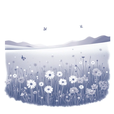 A vast meadow filled with various flowers in full bloom. Different flower types, such as daisies and poppies, are scattered throughout the landscape, creating a textured appearance. The sky above is clear, allowing sunlight to pour down, casting gentle shadows on the ground. At the horizon, distant hills are visible, creating a sense of depth in the scene. In the foreground, a few butterflies can be seen fluttering among the flowers, adding movement to the peaceful setting.