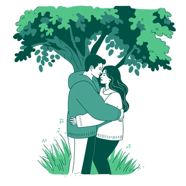 Two individuals are embracing each other under a large tree with expansive branches and lush green leaves. The individuals are wearing cozy sweaters, one in a rich teal color and the other in a soft white shade. Their expressions show warmth and affection as they share this heartfelt moment. Sunlight filters through the tree leaves, casting gentle patterns of light and shadow on the ground. The surrounding area is filled with soft grass and small wildflowers, contributing to the tranquil atmosphere of the scene.