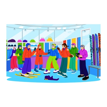 A lively ski shop filled with colorful ski gear and equipment. The walls are lined with bright ski jackets in various shades of blue, red, and green. Several skiers are trying on gear, smiling as they adjust helmets and gloves. A tall display rack holds an array of skis in vibrant patterns, showcasing their unique designs. The floor is covered with scattered ski boots in different colors, and a cheerful shop attendant assists a customer in choosing the right equipment. Sunlight streams through large windows, illuminating the energetic atmosphere of the shop.