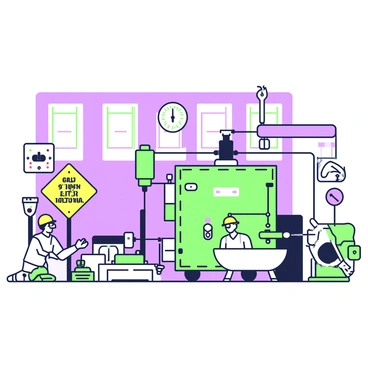 A factory interior with large machines and equipment in operation. Safety signs are prominently displayed throughout the space, including a bright yellow sign that reads "Caution: High Voltage" and another sign that states "Wear Protective Gear." Workers in safety helmets and goggles are engaged in various tasks, ensuring compliance with industry standards. The factory is well-organized, with clearly marked pathways and safety stations. Several windows allow natural light to illuminate the workspace. In the background, a control panel features blinking lights and gauges indicating the factory's operational status.