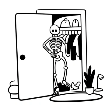 A closet door slightly open, revealing a playful skeleton peeking out. The skeleton is positioned in a way that suggests curiosity, with its bony hands resting on the door frame. The interior of the closet is filled with hanging clothes and a few scattered shoes. Shadows cast by the ajar door create a sense of depth. The surroundings indicate a cozy room, with a rug on the floor and a small lamp nearby. The overall scene embodies a lighthearted atmosphere.