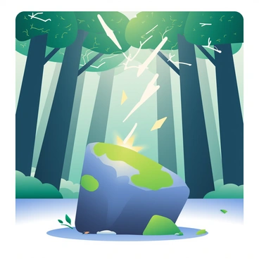 A deep forest scene filled with tall, green trees with thick trunks and a canopy of leaves filtering the sunlight. In the foreground, a moss-covered rock is prominently displayed, with patches of bright green moss clinging to its surface. A lightning bolt has just struck the rock, creating a small burst of light and energy at the point of impact. The surrounding area is illuminated by the flash, casting dynamic shadows of the trees onto the forest floor. Small twigs and leaves are scattered around the base of the rock, and a distant sound of thunder can be suggested through the visual tension in the composition.