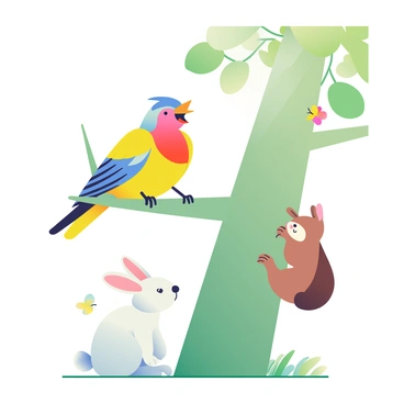 A vibrant bird with a mixture of blue, yellow, and red feathers is perched on a green branch. The bird has its beak open mid-song, showcasing a joyful expression. Nearby, a curious rabbit with white fur and a bushy tail is sitting on the grass, its ears perked up. A small brown squirrel with a twitching nose is climbing the trunk of the tree, looking towards the bird. In the background, a few colorful butterflies are fluttering around, adding movement to the scene. The sunlight filters through the leaves, creating soft patterns on the ground.