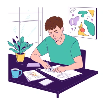 A male artist with short brown hair is sitting at a sleek black desk in a modern workspace. He is focused intently on a large tablet in front of him, using a stylus to draw intricate digital illustrations. The background features a bright white wall adorned with colorful artwork. To his left, there is a small teal plant in a pot, adding a touch of color to the workspace. A blue coffee mug sits beside the tablet, and a stylish lamp with a teal base illuminates the area, casting soft light on his work.