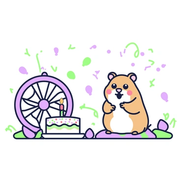 A hamster is sitting next to a small birthday cake that has a single candle on top. The cake is decorated with little colorful sprinkles. The hamster has light brown fur and bright eyes, looking excited as it sits on a small colorful blanket. Beside the cake is a typical hamster wheel, made of plastic, with a mesh pattern. The surrounding area is filled with tiny party decorations, including small balloons and streamers, enhancing the celebratory atmosphere.
