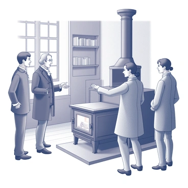 A historical setting showing "Benjamin Franklin" standing proudly beside his invention, the "Franklin stove." The stove is a large, cast-iron metal structure with a distinctive design, featuring a fireplace in the front and a chimney at the back. "Benjamin Franklin," wearing 18th-century attire, is gesturing towards the stove while explaining its features to an audience of intrigued individuals. They stand in a room with wooden floors and period-appropriate decorations, including shelves lined with books and a large window letting in natural light.