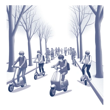 A busy street is filled with people riding electric scooters and bicycles. The path is bustling with pedestrians as some navigate swiftly on their scooters, while others pedal vigorously on their bicycles. Tall trees line either side of the street, their trunks visible and providing a sense of greenery. There are various people of different ages and backgrounds, all wearing helmets for safety. The atmosphere of the scene conveys a vibrant urban activity, showcasing the interaction of individuals with their surroundings.