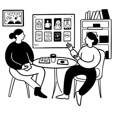 A client and an illustrator are seated at a table, engaged in a discussion. The client is holding a notepad, jotting down notes. The illustrator is pointing at a large screen displaying multiple vibrant book cover designs, showcasing various illustrated styles. Around the table, there are sketches, color swatches, and a coffee cup. The room has bookshelves filled with books and art supplies scattered around, creating an atmosphere of creativity and collaboration.