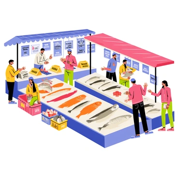 A lively fish market filled with various stalls, each displaying an array of colorful seafood. The stalls are topped with vibrant blue and red awnings. Customers are engaged in browsing, some examining fish, while others are chatting with vendors. Fresh fish, including bright orange salmon and silvery mackerel, are prominently displayed on ice. Crates of shellfish, such as clams and crabs, are arranged nearby. Decorative signage with prices and types of seafood is visible. The atmosphere is bustling with activity and energy.