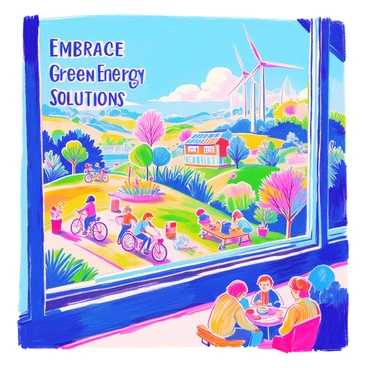 A subway ad features a vibrant green landscape filled with wind turbines and solar panels under a clear blue sky. "Embrace Green Energy Solutions" is prominently displayed in bold, eye-catching letters. The ad includes images of people riding bicycles and planting trees in the foreground. Nearby, a family enjoys a picnic in the park, surrounded by lush greenery. The overall composition conveys a sense of community and sustainability, highlighting the importance of eco-friendly practices.
