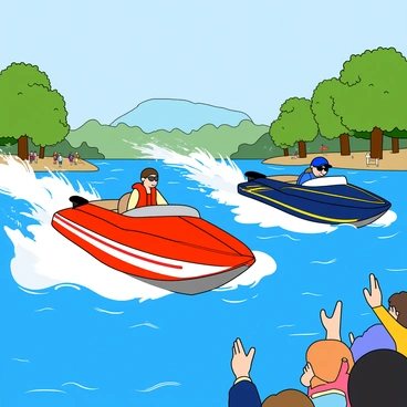 Two sleek speedboats are racing across a glistening blue lake under a clear sky. The first speedboat is bright red with white stripes and has a driver wearing a matching red life jacket. The second speedboat is deep blue with yellow accents, and its driver is sporting sunglasses and a vibrant blue cap. Splashes of water fly up dramatically as both boats cut through the waves, leaving behind frothy white trails. Surrounding the lake, lush green trees provide a vibrant backdrop, while a distant mountain range adds depth to the scene. Excited spectators are gathered on a nearby shoreline, cheering and waving banners in support of their favorite boat.