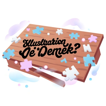 A wooden table with a partially completed puzzle spread across its surface. The puzzle pieces are colorful and varied, with some pieces fitting together, while others are scattered around. Among the assembled pieces, the words "Illustration Ne Demek?" are clearly visible, crafted from the puzzle pieces. The background features soft, gradient pastel colors that enhance the overall composition. A few puzzle pieces are turned upside down, showing their plain backs, and the scene is well-lit, emphasizing the textures of the table and the puzzle pieces.