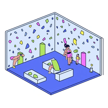 An indoor climbing training center with various walls featuring colorful climbing holds in red, blue, green, and yellow. There are multiple climbing routes marked with different colors, leading up to the ceilings. The floor is covered with thick foam mats for safety, and there are several training obstacles such as bouldering walls and overhangs. A few climbers are seen practicing on the walls, showcasing different climbing techniques. The lighting is bright, creating a vibrant atmosphere in the center.