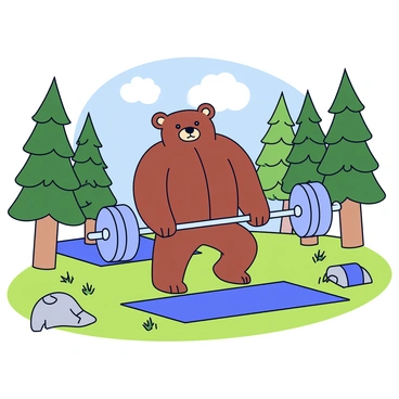 A bear with a thick brown fur is using a barbell at an outdoor gym located in a lush forest. The barbell is made of heavy metal with round weights on each end. Surrounding the gym area are tall pine trees and scattered patches of green grass. Sunlight filters through the leaves, casting dappled shadows on the ground. The bear is focused on lifting the weights, showcasing its muscular physique. Nearby, there are exercise mats and other gym equipment, blending naturally into the forest environment.