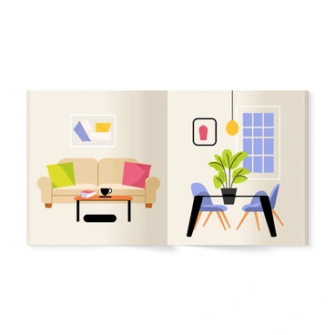 An open magazine spread features a cozy apartment interior. The left page displays a living room with a plush beige sofa adorned with colorful throw pillows. A round wooden coffee table sits in front of the sofa, topped with a stack of books and a cup of steaming coffee. On the right page, there is a view of the dining area, showcasing a sleek glass table surrounded by modern chairs. A large window allows natural light to flood the space, illuminating the potted green plants placed near the window. The walls are decorated with framed artwork, adding a touch of personality to the cozy atmosphere.