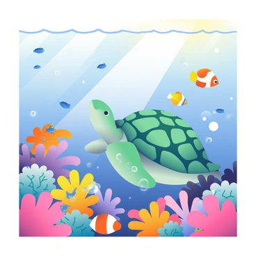 A vibrant underwater scene depicts a variety of marine life amidst colorful coral reefs. Brightly colored corals in shades of purple, orange, and yellow are abundant in the foreground. Schools of small fish, including blue and yellow species, swim gracefully around the corals. A large sea turtle with a patterned shell glides through the water, while a clownfish is nestled among the anemones. In the background, a gentle current moves through, creating ripples in the water, and a few bubbles rise toward the surface. Sunlight filters down from above, illuminating the diverse ecosystem below.