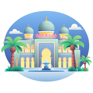 A lavish Arabian palace features multiple domed roofs adorned with intricate patterns. The exterior walls are covered with colorful mosaic tiles, showcasing vibrant designs in shades of blue, gold, and green. Tall, arched windows are positioned throughout the structure, allowing natural light to illuminate the interior. Lush palm trees and flowering plants surround the palace, enhancing its grandeur. In the foreground, a decorative fountain with flowing water adds a tranquil element to the scene. The sky above is a deep azure, casting a beautiful backdrop against the palace's ornate architecture.