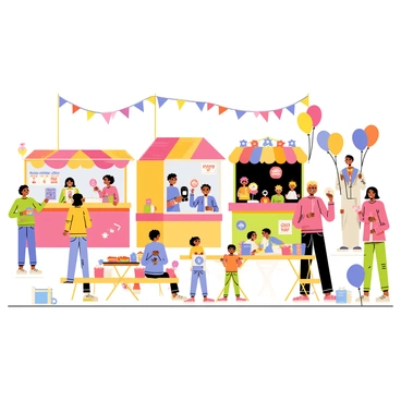 A lively community festival scene featuring a variety of families. Colorful game booths are set up, with children playing ring toss and adults engaging in friendly competitions. Food stalls are adorned with bright banners, showcasing a variety of treats such as cotton candy, popcorn, and hot dogs. Families sit together at picnic tables, sharing meals and laughter. Balloons and streamers decorate the area, adding a festive atmosphere to the scene. In the background, a clown entertains children with balloon animals, contributing to the joyful ambiance of the festival.