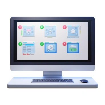 A computer monitor displaying a step-by-step illustration tutorial. The screen shows detailed diagrams and annotations, outlining each step clearly. The tutorial is designed with vibrant colors to highlight key points. The background of the screen is dark to enhance visibility of the illustrations. A computer keyboard and mouse sit on the desk in front of the monitor. The workspace is organized and well-lit, emphasizing focus on the tutorial.