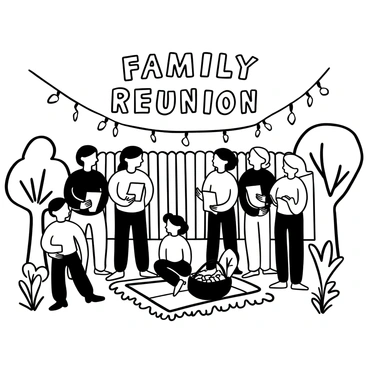 A family choir of various members standing together in a backyard, holding music sheets. There are adults and children, with some wearing matching shirts. The scene includes a wooden fence in the background adorned with hanging fairy lights. A picnic blanket with a basket filled with food is spread on the grass nearby. Trees surround the area, providing a sense of intimacy. Above the choir, the words "Family Reunion" are displayed prominently.