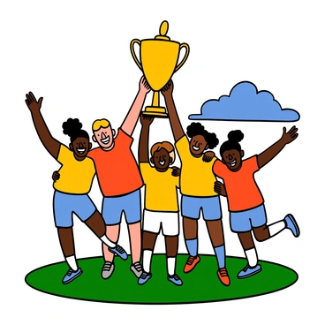 A diverse team of athletes standing together on a sports field, holding up a large shiny trophy in the air in celebration. The team consists of members with various skin tones, wearing matching jerseys and shorts. They are smiling broadly, showing expressions of joy and accomplishment. Some team members have their arms around each other, while others are jumping up in excitement. A blue sky can be seen in the background, adding to the celebratory atmosphere.