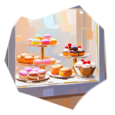 A display of gourmet French pastries and desserts in a patisserie window. The window showcases an array of beautifully crafted items, including delicate macarons in pastel colors, intricately designed éclairs topped with glossy chocolate icing, and fluffy fruit tarts adorned with vibrant berries. There are also elegant mille-feuille with layers of crisp pastry and rich cream, and dainty madeleines arranged in a small basket. The pastries are arranged artfully on glass trays, illuminated by soft lighting that enhances their textures and colors. The patisserie window is framed with charming decorative elements that complement the enticing display inside.