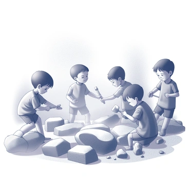 A group of children is engaged in breaking rocks within a dusty quarry. Each child holds a handheld tool, such as a hammer or chisel, striking the rocks with focused determination. Dust clouds rise from the impact, creating a hazy atmosphere around them. The rocky terrain is uneven, with large boulders scattered throughout the area. The children are wearing simple clothing suitable for outdoor work, and their expressions show a mix of concentration and enthusiasm. Sunlight filters through the dust, casting soft shadows on the ground.