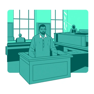 A teal courtroom dock stands prominently in the center of the image. "Tom Robinson" is depicted as a black man with a strong build, standing confidently in the dock. His facial expression shows "calm determination" as he gazes ahead. The courtroom is filled with wooden benches on either side, and the judge's bench is visible in the background. Light streams through tall windows, illuminating the scene and highlighting the details of Tom's presence in the dock.
