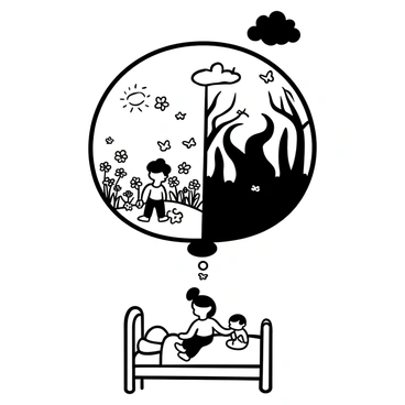 A large, round dream bubble floats above a child's bed. Inside the bubble, on one side, there is a pleasant scene depicting a colorful garden with flowers, butterflies, and a bright sun shining down. The child is seen playing in the garden, surrounded by playful kittens. On the opposite side, there is a nightmare scene featuring a dark, shadowy forest with twisted trees and ominous shapes lurking in the background. The child appears small and frightened, with a single dark cloud hovering above. The bubble is divided in the middle, showcasing the contrast between the two scenes.