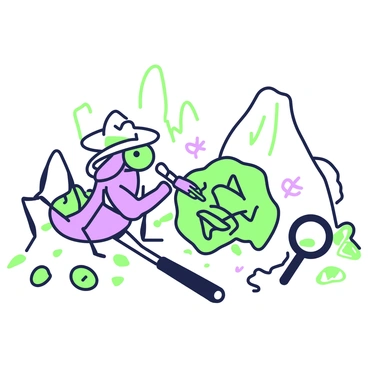 An ant paleontologist is carefully unearthing an ancient ant fossil from the ground. The ant is depicted wearing a small explorer's hat and holding a tiny brush in its forelegs, gently brushing away dirt from the fossil. The fossil itself is partially exposed, showing detailed features of an ancient ant with intricate textures. Surrounding the scene are small tools like a miniature pick and a magnifying glass. In the background, there are hints of rock formations and other fossilized remains, adding context to the discovery.