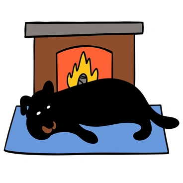 A black dog with shiny fur lying comfortably on a soft rug in front of a crackling fireplace. The warm glow of the fire casts a soft light around the room, highlighting the dog's relaxed posture with its head resting on its paws. The background shows a cozy interior, with a hint of flickering flames and logs in the fireplace, creating a serene atmosphere on a chilly evening.