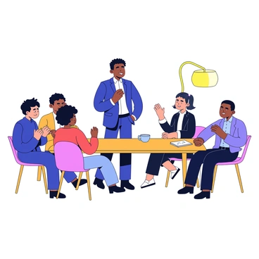 A leader, wearing a navy blue suit, stands confidently at the head of a rectangular wooden table. The table is surrounded by four individuals seated on simple, modern chairs. Each person is engaged in the conversation, displaying various expressions of interest and thoughtfulness. A round table lamp casts a warm glow over the scene, illuminating a small stack of documents and a cup of coffee in front of the leader. The background features a plain wall with a subtle texture.