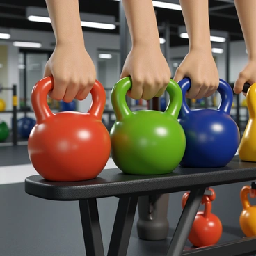 An array of colorful kettlebells in various shades, including red, blue, green, and yellow, displayed neatly on a black gym rack. Each kettlebell has a smooth, glossy finish and a sturdy handle. One kettlebell, in bright orange, is being lifted by a pair of muscular hands, showcasing the effort of the lift. The background features a well-equipped gym with weights and exercise mats visible.
