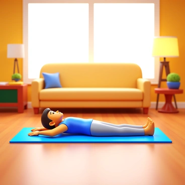 A person performing the "superman" exercise on a yoga mat. The individual is lying face down, arms extended forward, with a focused expression. The yoga mat is placed on a hardwood floor. Surrounding the person are elements of a cozy living room, including a soft sofa in the background, a small coffee table with a plant on it, and warm lighting from a nearby lamp. A large window lets in natural light, illuminating the space.