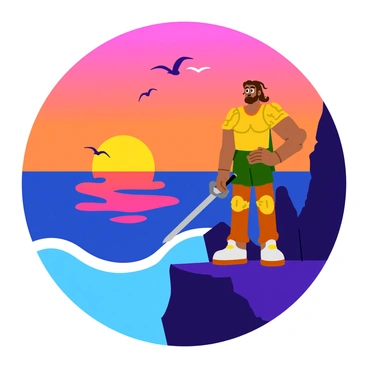 Perseus, wearing shining armor and holding a sword, stands confidently on a rocky cliff. His hair flows in the gentle breeze as he gazes out at the ocean. The sky is painted with vibrant hues of orange, pink, and purple, blending seamlessly into the horizon. The sun, a glowing orb, dips below the water, casting reflections that shimmer across the surface of the ocean. The waves crash against the cliff, creating a dynamic foreground. Birds soar in the sky, adding to the sense of freedom and adventure in the scene.