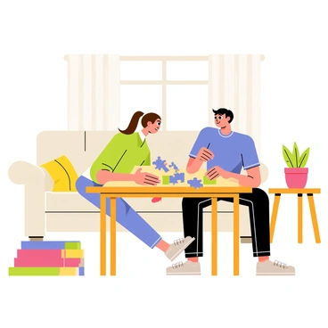 Two people are sitting at a wooden coffee table, working together on a colorful jigsaw puzzle. One person is a woman with long brown hair tied in a ponytail, wearing a green sweater, while the other is a man with short black hair, dressed in a blue t-shirt. They are focused on fitting pieces together, with a partially completed image visible. The living room has a warm ambiance, featuring a plush beige couch in the background and a large window with sheer curtains, allowing soft light to fill the space. A stack of puzzle boxes is placed to one side, and a small plant sits on a nearby side table.