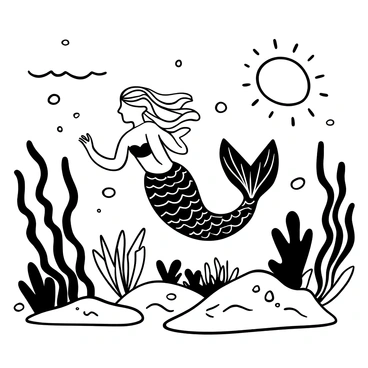 A mermaid with flowing hair wearing an "iridescent ball gown" swims gracefully underwater. The gown features intricate patterns that resemble the scales of fish, cascading down in waves. Bubbles rise and surround her as she glides through the water. A variety of underwater plants with flowing leaves and textures are visible in the background, adding depth to the scene. Sunlight filters down from the surface, creating shimmering reflections on the sand below.