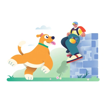A playful dog with a shiny golden coat is standing on a grassy area, watching its owner climb a stone wall. The dog has bright, curious eyes and its tongue is playfully hanging out as it tilts its head. Its tail is wagging energetically, and its ears are perked up in excitement. The owner, dressed in outdoor climbing gear, is positioned mid-way up the wall, looking down at the dog with a smile. The surrounding area has scattered wildflowers and a few trees in the background.