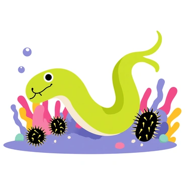 A moray eel with smooth, greenish skin is slithering through a vibrant underwater scene. The eel has prominent eyes and a wide mouth, showcasing its sharp teeth. Surrounding the eel is a cluster of spiky sea urchins, their dark purple and black spines standing out against the coral sand below. Bubbles float upward around the eel, adding a sense of movement to the water. Brightly colored coral formations can be seen in the background, providing a lively habitat for the marine life.