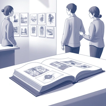 An open portfolio displayed on a table at an art exhibition. The portfolio's pages are fanned out, revealing a series of detailed illustrations. Each illustration features intricate line work and various subjects, such as animals, landscapes, and abstract designs. The surrounding environment includes a few visitors admiring the art and a plain backdrop with soft lighting highlighting the portfolio. The setting conveys a sense of creativity and engagement with the artwork.