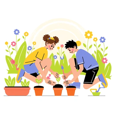 A vibrant garden filled with various colorful flowers and green plants. Two children, a girl and a boy, are kneeling on the ground, focused on planting seeds in small, round terracotta pots. The girl has curly brown hair tied up in pigtails and is wearing a bright yellow shirt. The boy has short black hair and is dressed in a blue t-shirt and shorts. They are surrounded by gardening tools such as a small trowel and watering can. Sunlight streams down, illuminating their joyful expressions as they work together in the garden.
